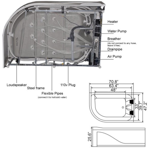 Whirlpool bathtub black 70.8″ x 47.2″ hot tub with Heater – Pompei - Image 8