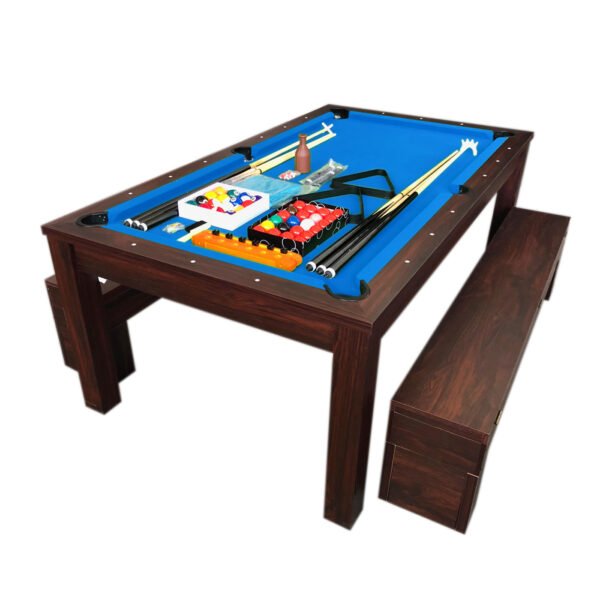 Pool Table 7′ feet blue and Dinner Table with Benches – Rich Blue